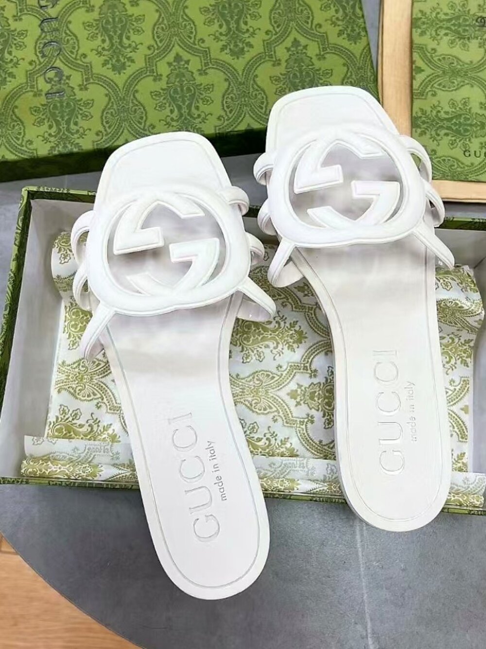 Gucci White Rubber GG Cutout Slides